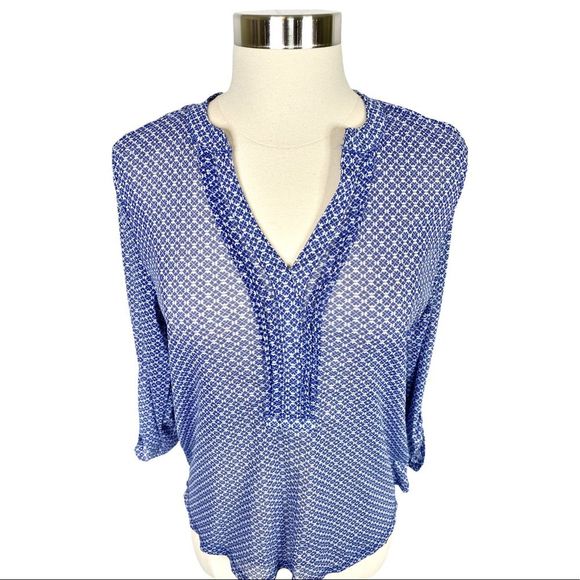 The Limited Blue Clover Printed Henley Blouse - Size Medium - Picture 2 of 5